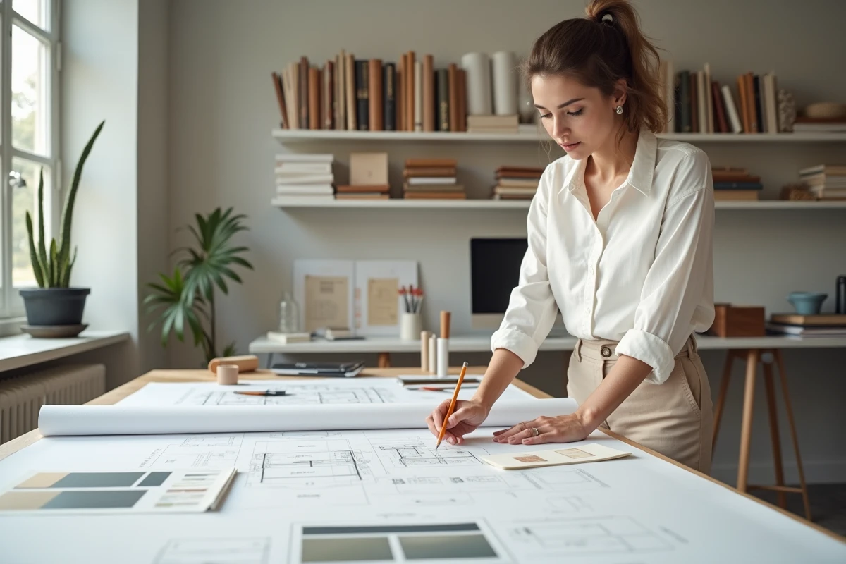 Décoratrice d'intérieur professionnelle étudiant des plans d'aménagement dans un studio de design moderne