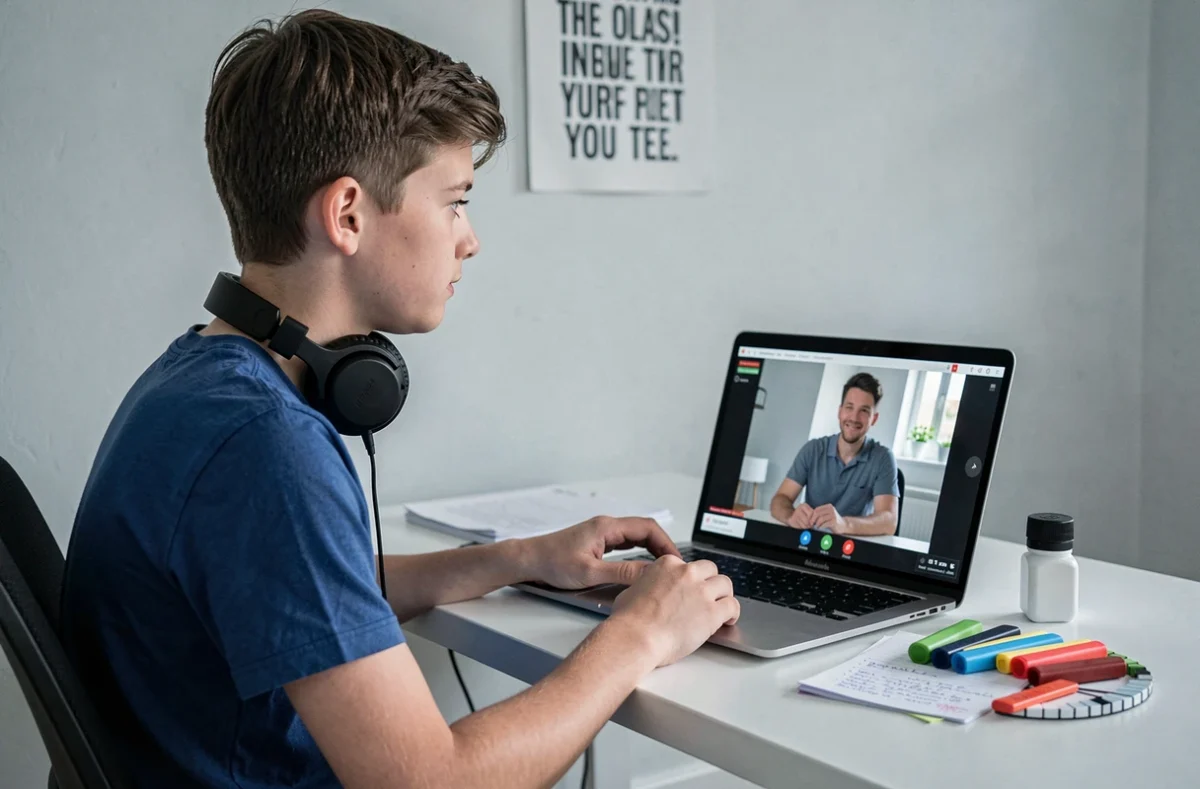 Élève en cours en ligne avec suivi personnalisé GoStudent depuis sa chambre