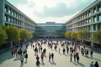 Vue extérieure d'un grand lycée français avec une cour animée remplie de nombreux élèves en tenue décontractée, bâtiments modernistes imposants en béton et verre