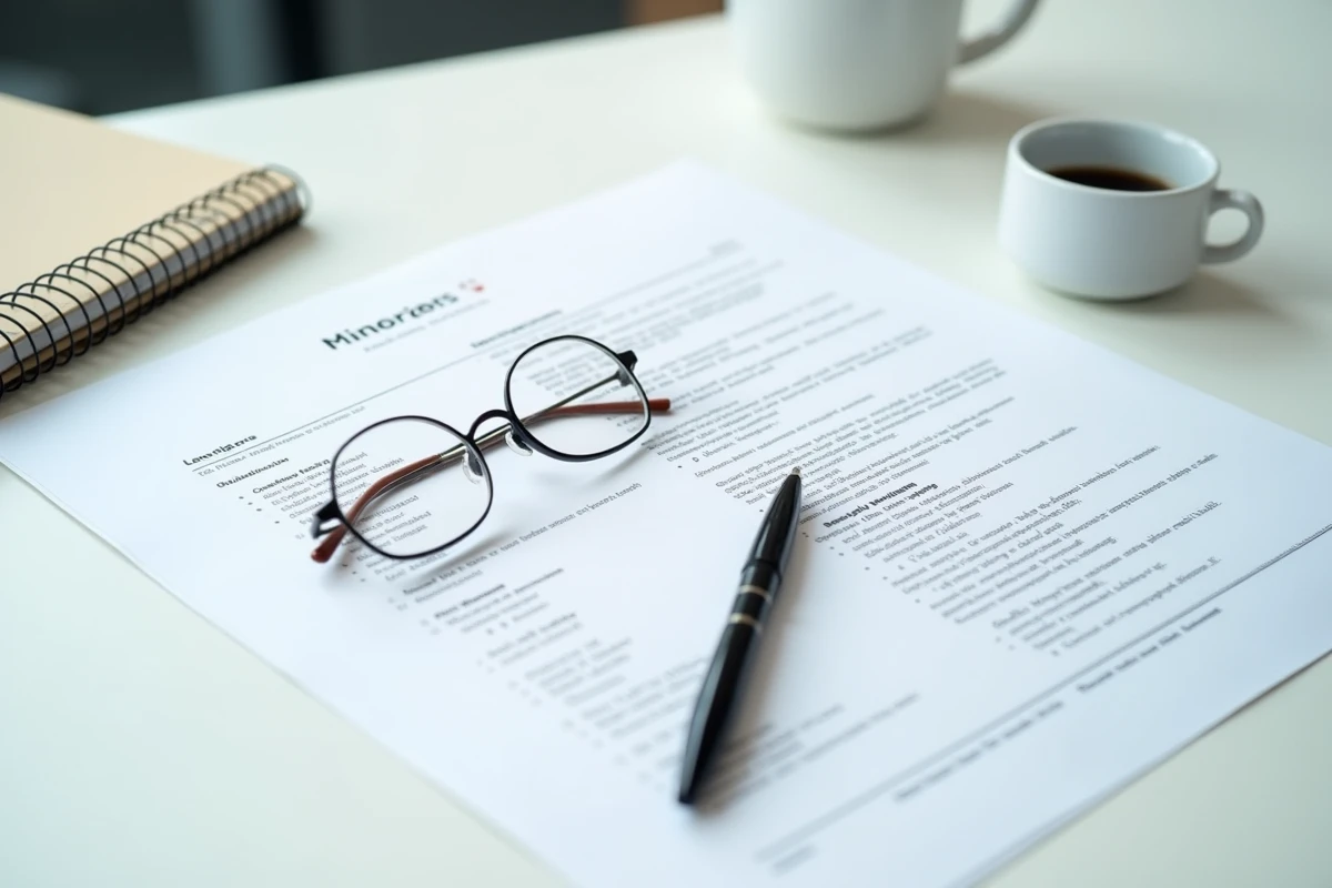 Gros plan d'un CV format suisse imprimé sur un bureau blanc avec un stylo et des lunettes lors d'une session de révision