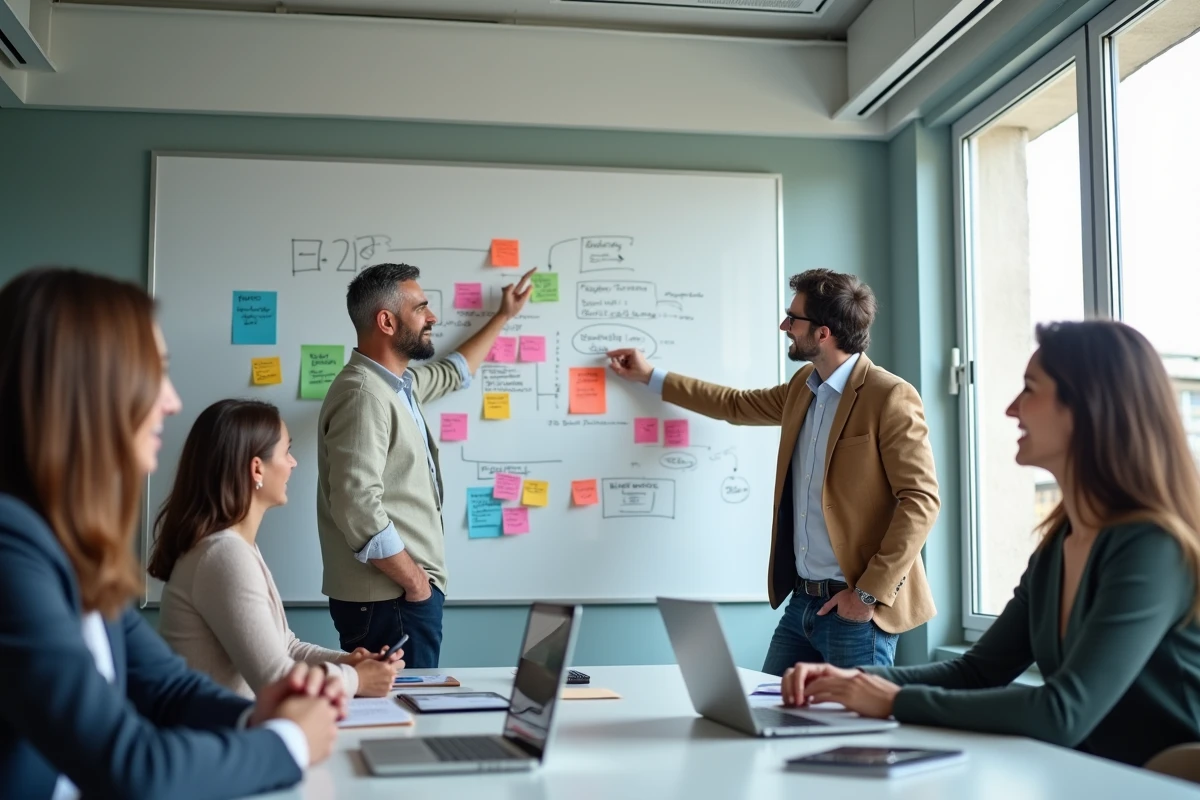 Groupe d'adultes en reconversion professionnelle collaborant autour d'un tableau blanc lors d'un séminaire de formation digitale à Paris