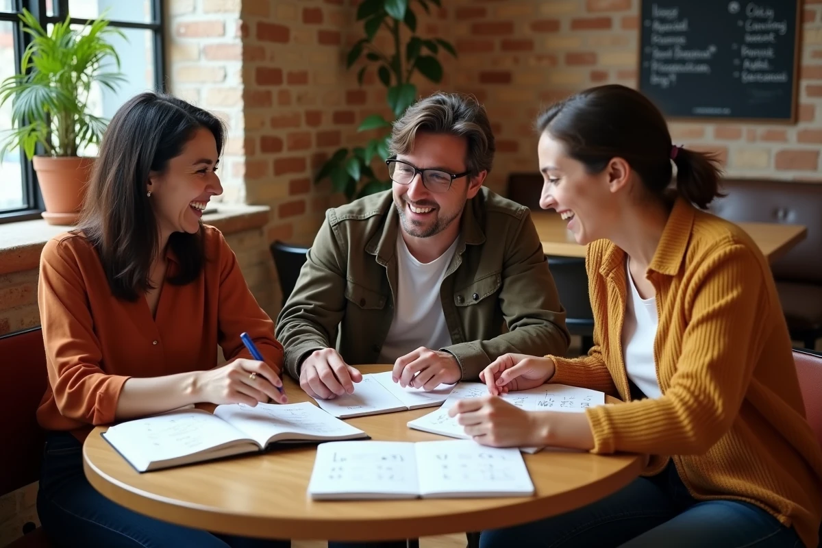 Groupe d'adultes apprenant ensemble la conjugaison des verbes irréguliers en ir du 3ème groupe autour d'une table de café avec des fiches de grammaire