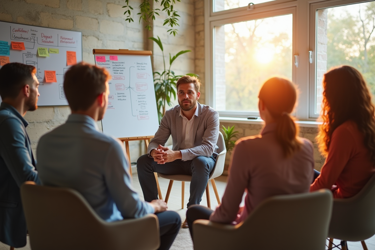 Groupe de coaching en séance dans une salle lumineuse