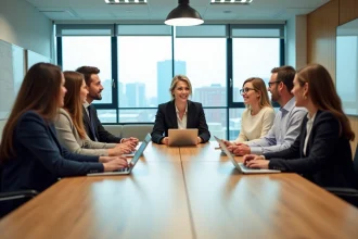 Groupe diversifié en réunion de travail en bureau lumineux
