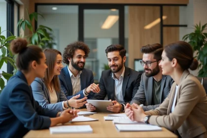 Groupe de jeunes professionnels en réunion dans un bureau moderne