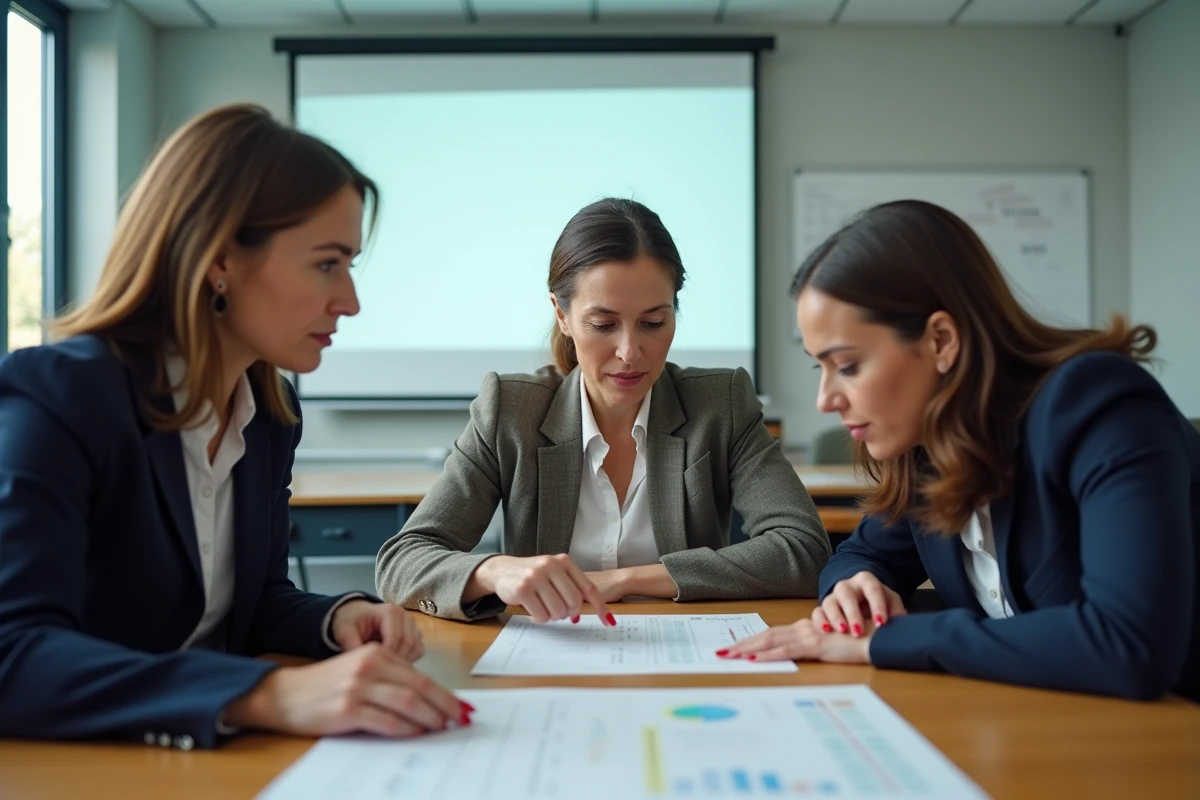 Groupe d'enseignants réunis autour d'un document salarial en salle de réunion, discutant des impacts de la fin du Pacte enseignant 2026 sur leurs rémunérations