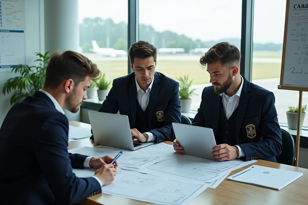 Groupe d'étudiants en classe préparatoire aviation travaillant ensemble sur des plans de vol avec vue sur un aérodrome