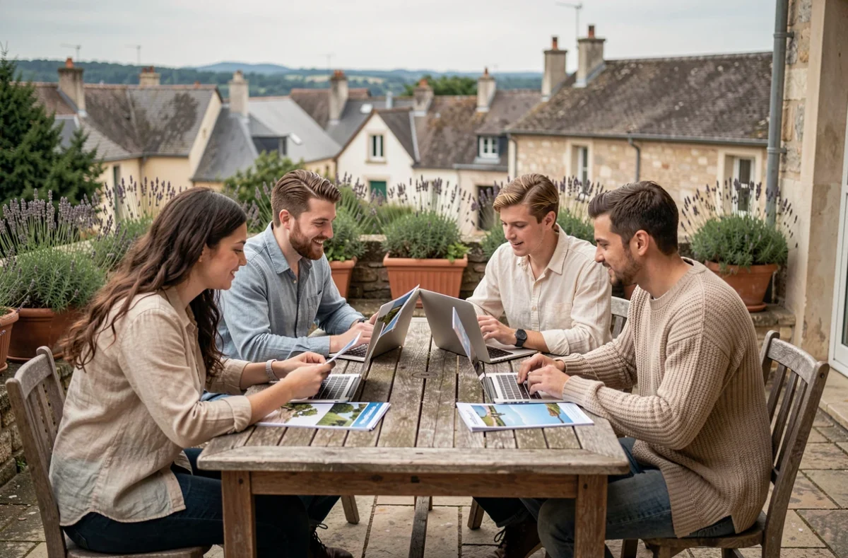 Groupe d'étudiants en formation tourisme travaillant ensemble en extérieur sur un campus régional