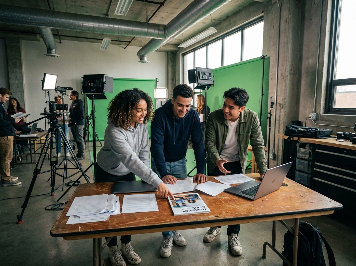 Groupe d'étudiants en audiovisuel discutant des voies d'admission alternatives à Parcoursup dans un studio de production scolaire