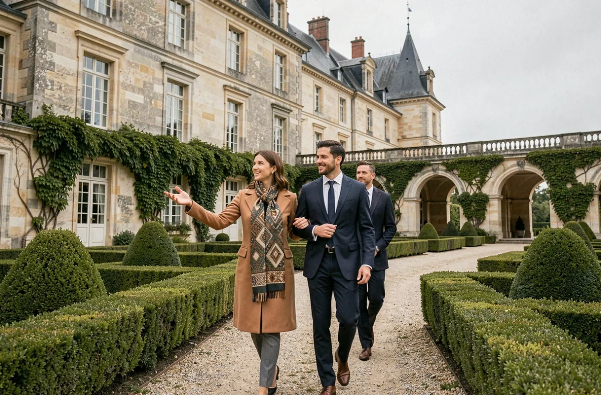 Conseillère en tourisme de luxe guidant des clients dans un château français après une spécialisation post-BTS