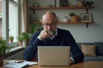 Homme d'âge moyen dans un bureau moderne en pleine réflexion