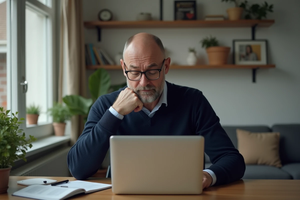 Homme d'âge moyen dans un bureau moderne en pleine réflexion