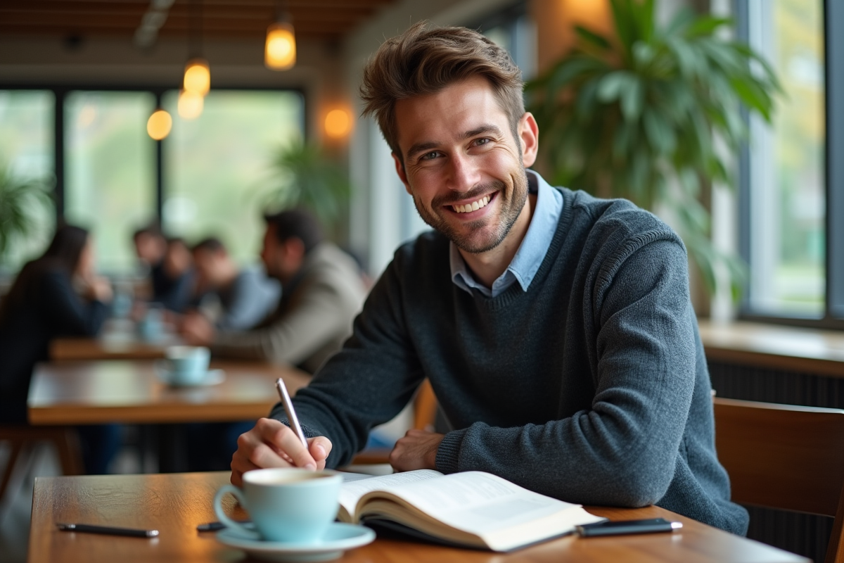 Homme étudiant concentré dans un café avec ses livres et diplôme