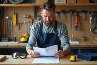 Homme bricoleur consultant son certificat de formation bricolage dans un atelier domestique bien équipé