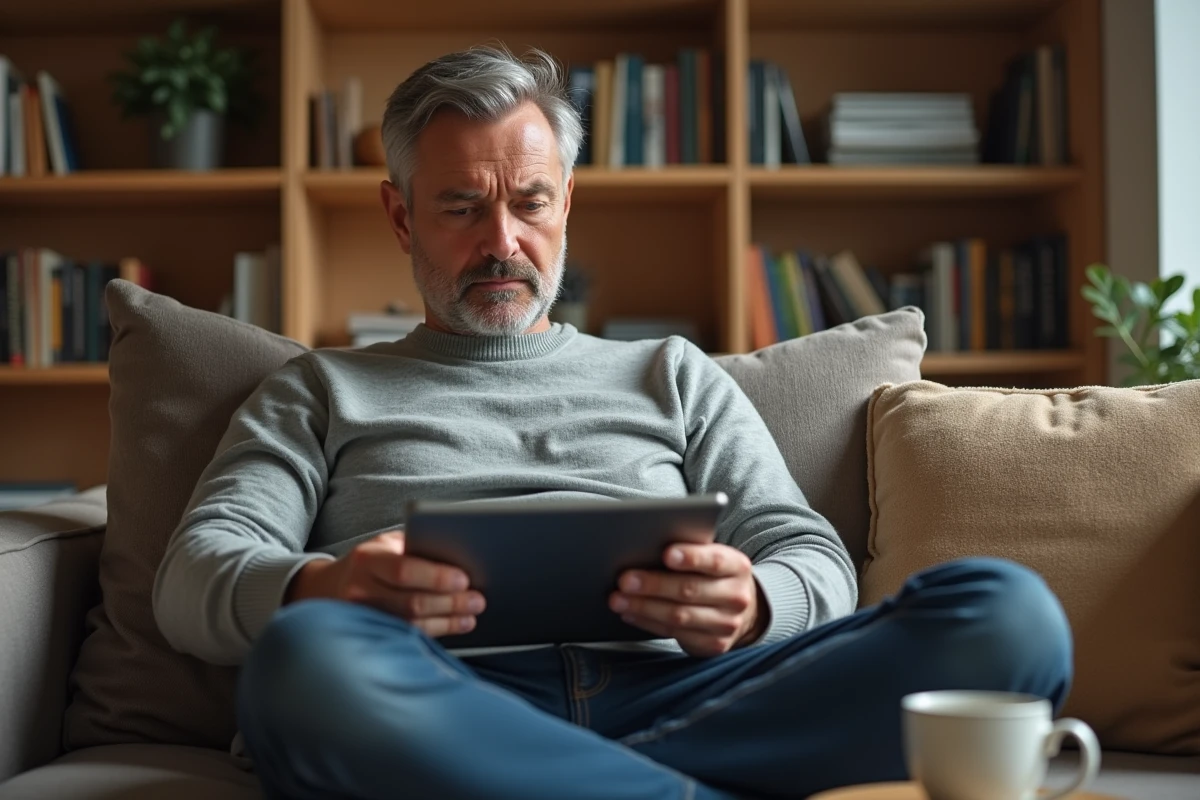 Homme évaluant les formules tarifaires d'un outil IA marketing depuis son canapé avec une tablette