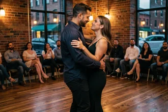 Homme guidant sa partenaire en zouk dans un studio de danse chaleureux avec murs en briques apparentes
