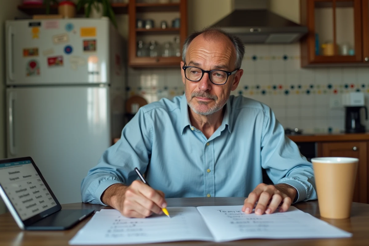 Homme réfléchissant à des verbes espagnols dans la cuisine