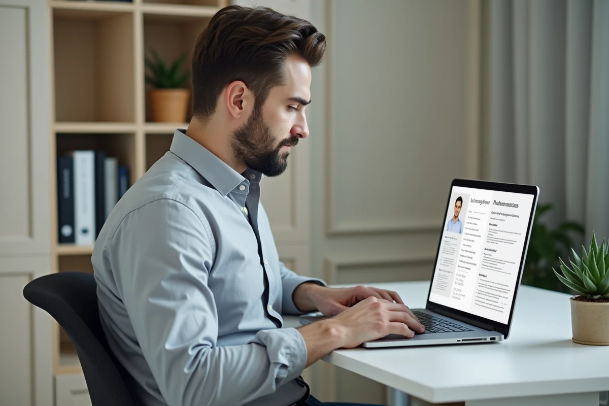 Homme en chemise grise travaillant sur la mise en page d'un CV suisse devant un ordinateur portable dans un bureau à domicile