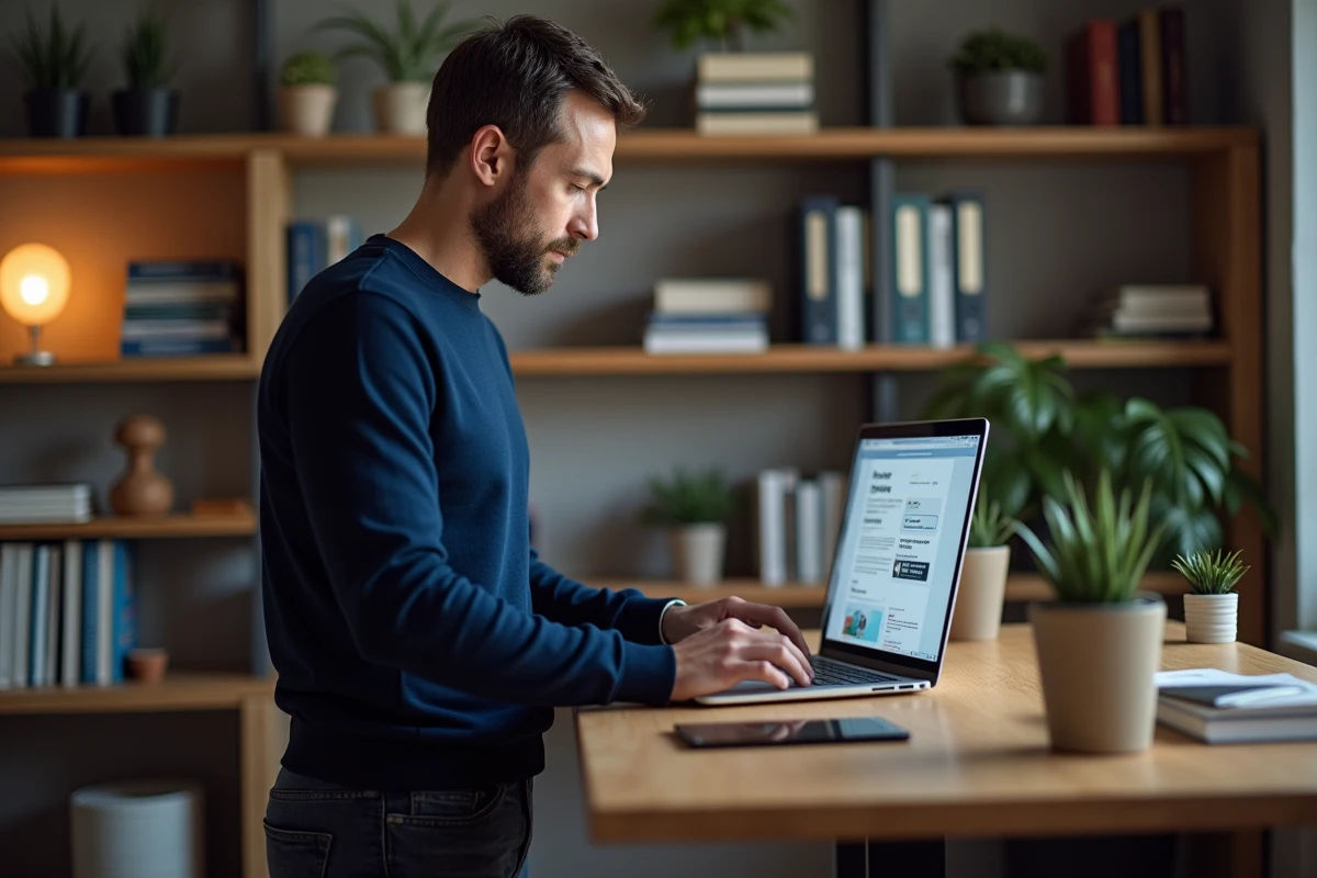 Homme debout à son bureau paramétrant une campagne emailing pour le lancement d'une formation marketing