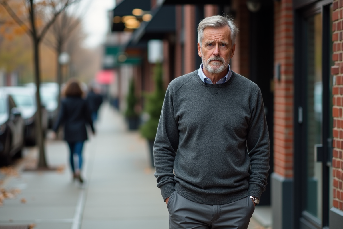 Homme marche dans une rue urbaine en automne