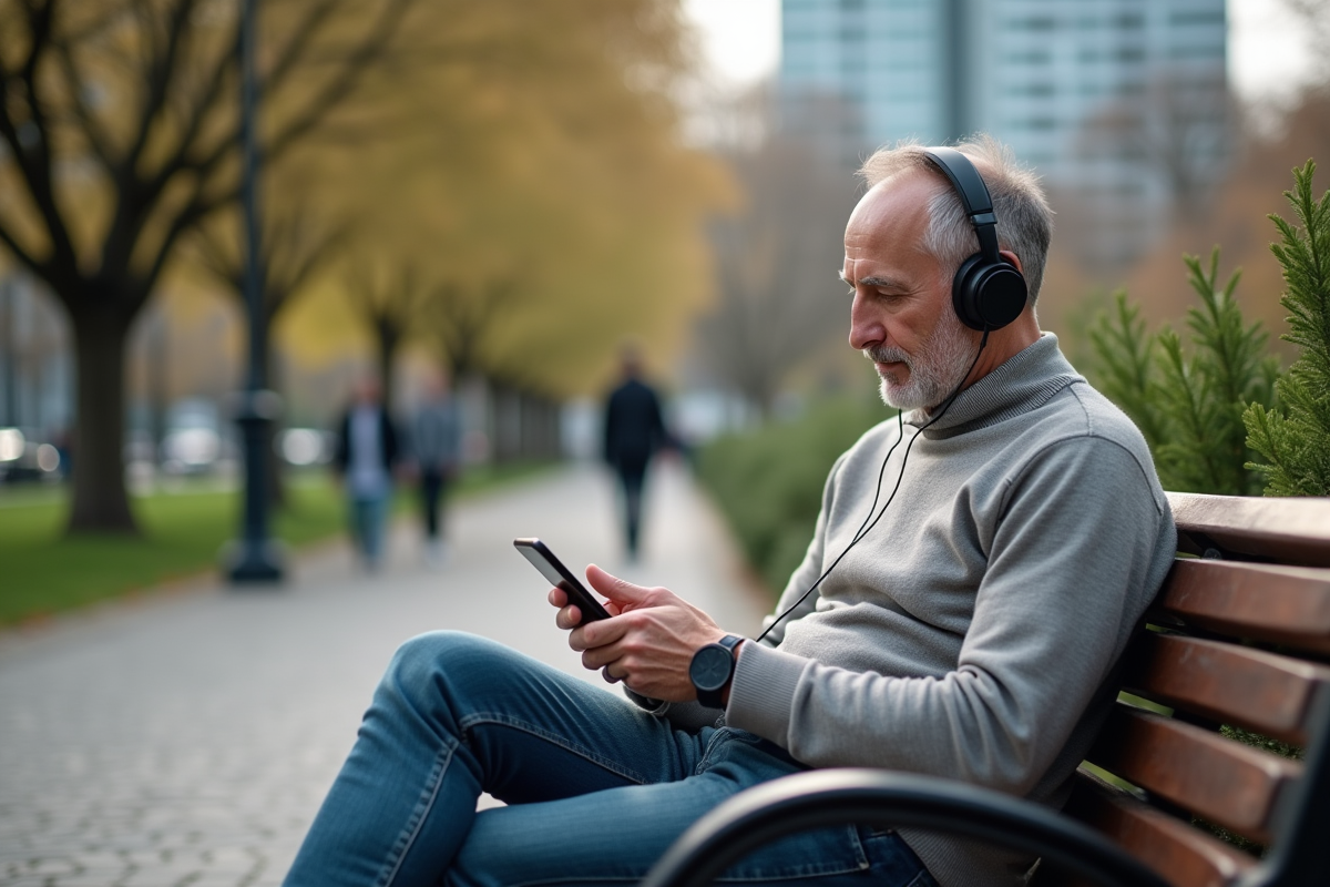 Homme détendu dans un parc écoutant un podcast sur smartphone