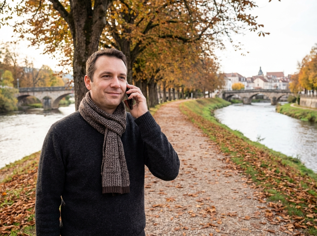 Homme au bord de la Moselle à Épinal parlant au téléphone