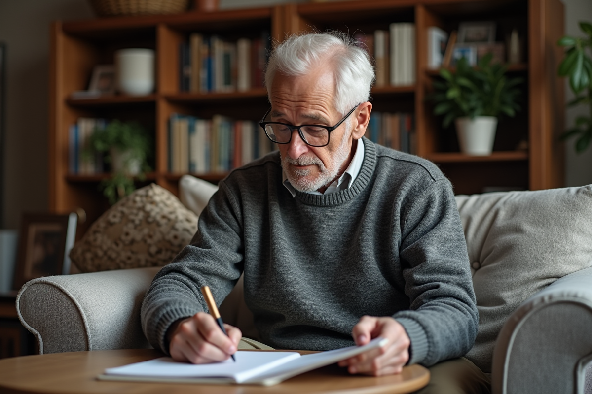 Homme âgé dans un salon lisant un carnet avec livres et plantes