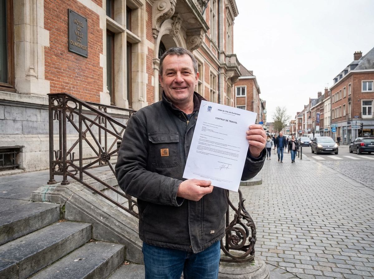 Homme souriant tenant un contrat de travail devant la mairie de Dunkerque