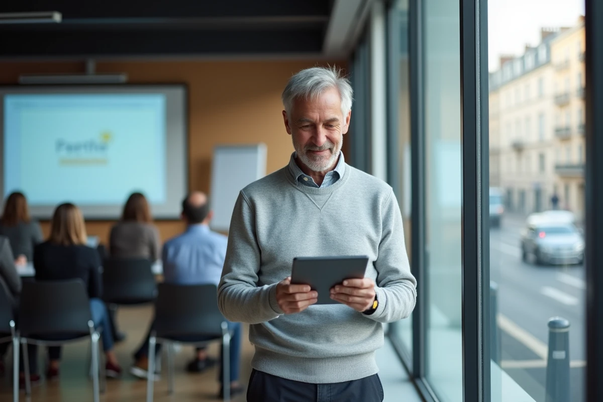 Homme de 48 ans consultant une tablette lors d'un séminaire parisien de formation au digital pour accompagner sa reconversion après 40 ans