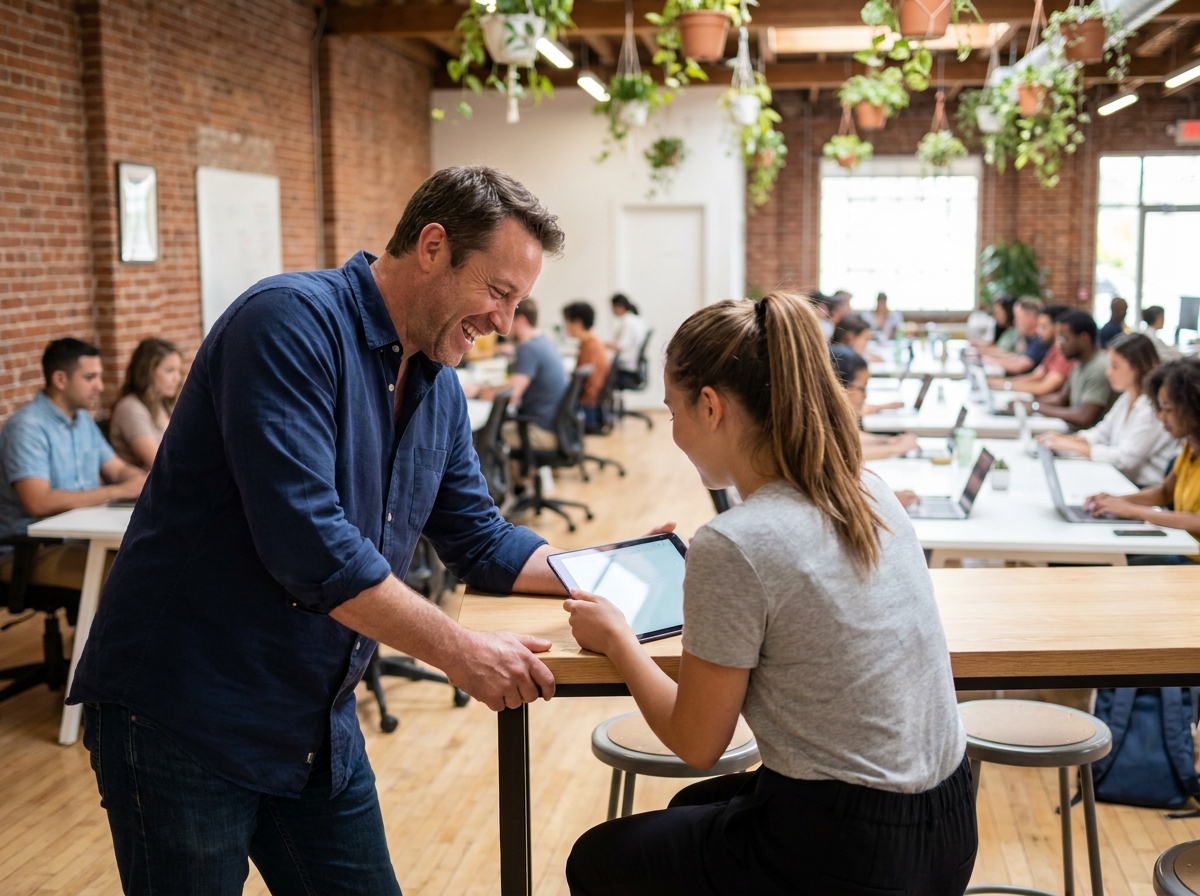 Homme en mi-carrière explorant une nouvelle voie professionnelle dans un espace de coworking
