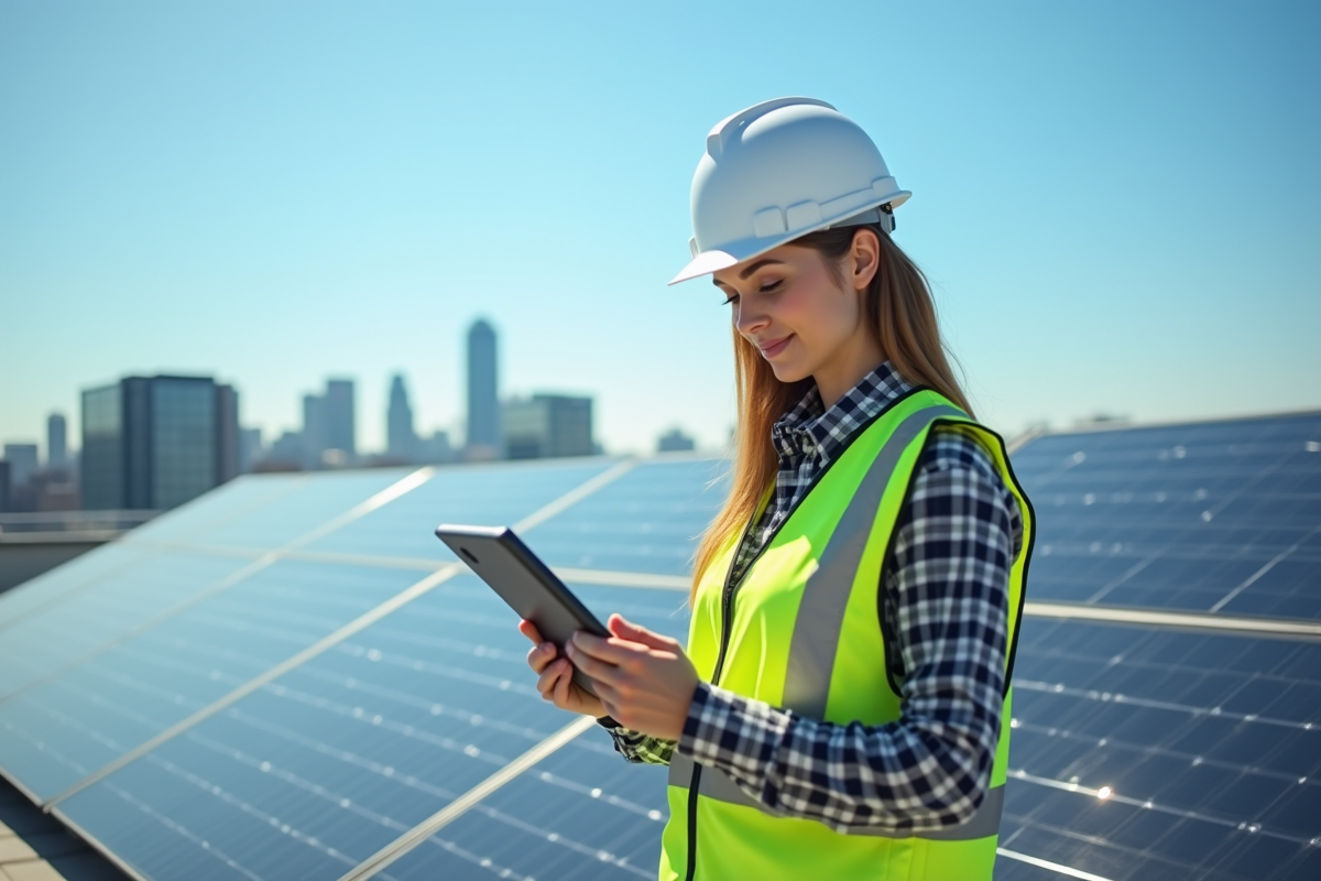 Ingénieure environnement vérifiant des panneaux solaires sur le toit
