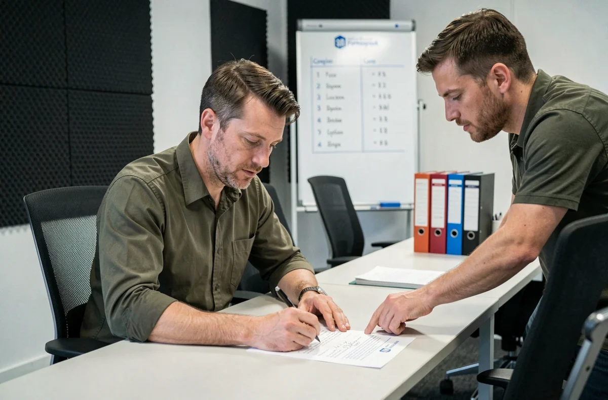 Adulte en formation linguistique professionnelle à l'Institut des Langues Formaspeak, complétant un exercice écrit sous la supervision d'un formateur