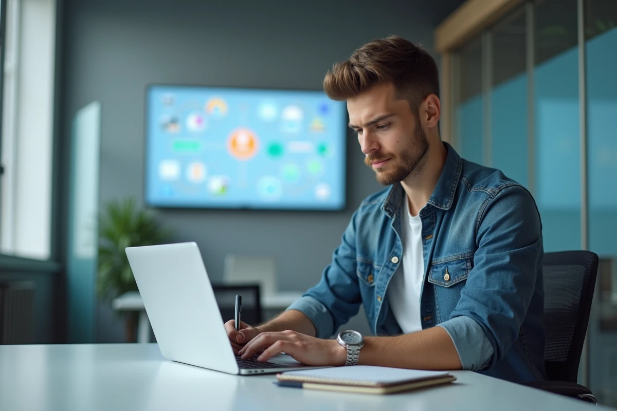 Jeune apprenti en formation concentré sur son ordinateur