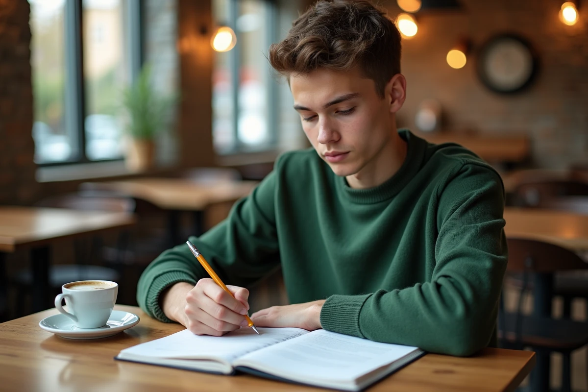 Jeune candidat prenant des notes sur une fiche métier Pôle Emploi depuis son smartphone dans un café pour préparer un entretien d'embauche