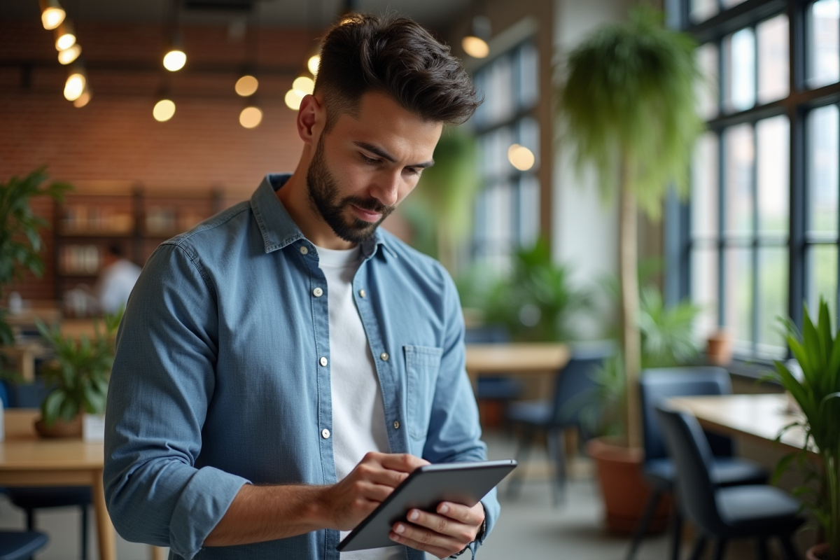 Jeune entrepreneur utilisant une tablette dans un espace de coworking