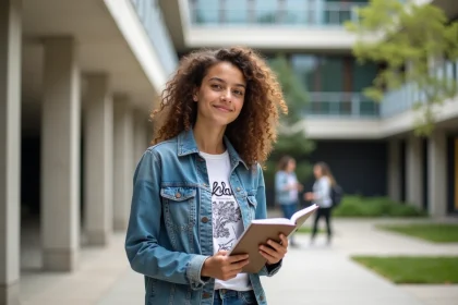 Jeune &eacute;tudiante souriante dans la cour de l'&eacute;cole Olivier de Serres &agrave; Paris