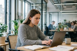 Jeune femme concentrée travaillant sur un ordinateur dans un bureau moderne