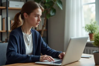 Jeune femme au bureau regarde son écran d'ordinateur anxieusement