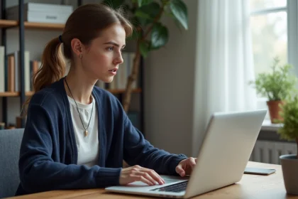 Jeune femme au bureau regarde son &eacute;cran d'ordinateur anxieusement