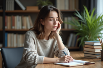 Jeune femme en bureau étudiant avec livres et plantes