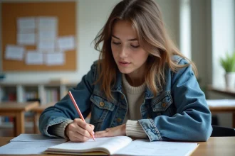 Jeune femme écrit des conjugaisons espagnoles dans un carnet