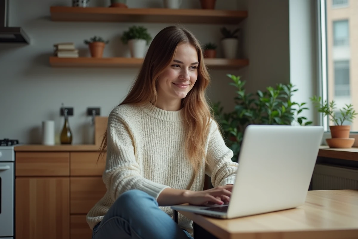 Jeune femme assise à la cuisine avec ordinateur portable