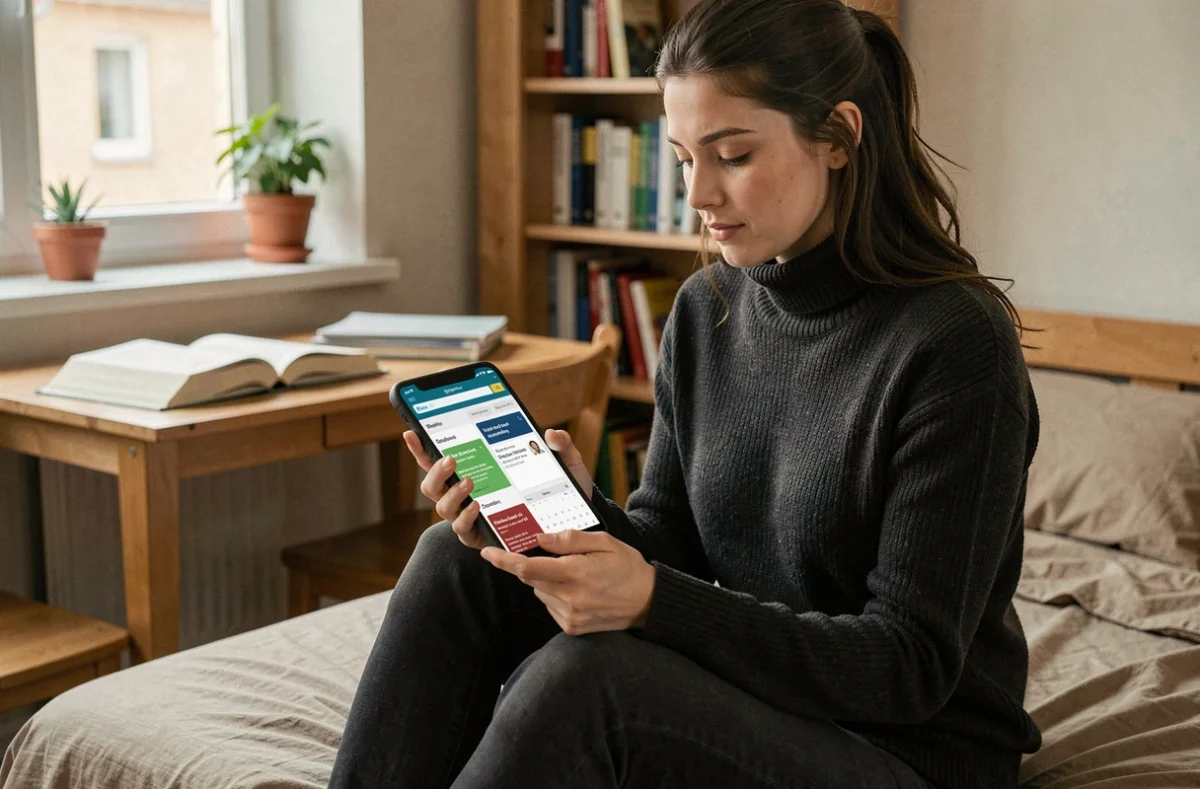 Jeune femme utilisant son ENT sur smartphone dans sa chambre d'étudiant