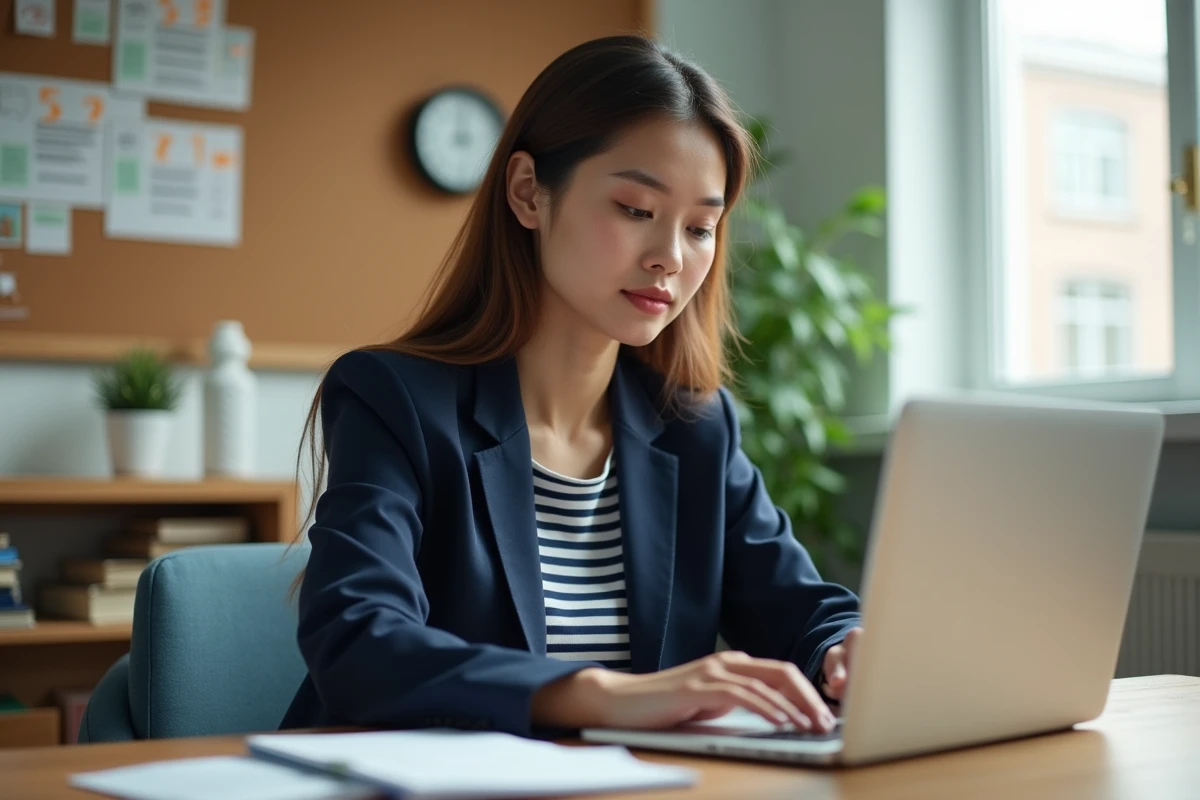 Jeune femme en blazer et top rayé travaille sur son ordinateur portable dans une chambre lumineuse
