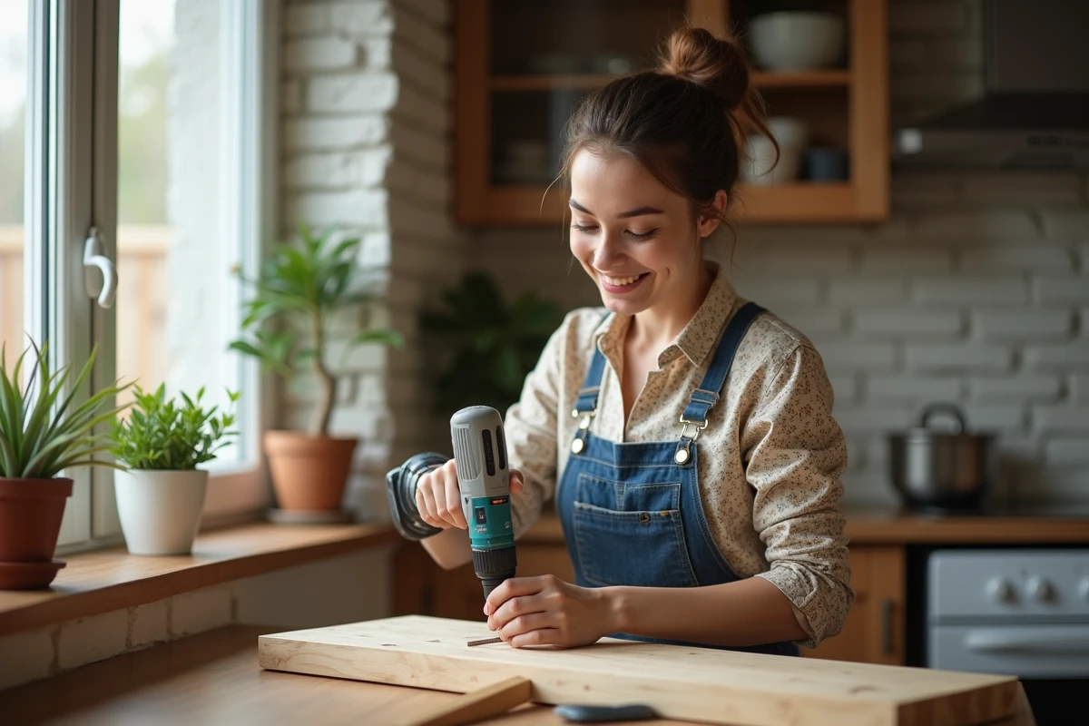 Jeune femme perce un bois dans une cuisine chaleureuse