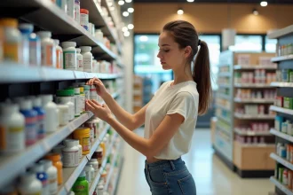Jeune femme organisant des compléments en pharmacie