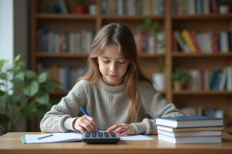 Jeune fille concentrée avec calculatrice et livres d'études