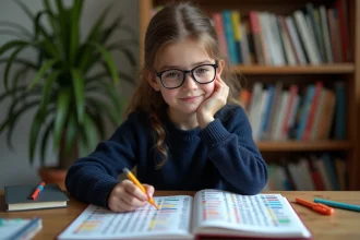Jeune fille concentrée en étude d'allemand avec tableau de déclinaisons
