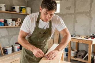 Jeune homme mesurant une planche de bois dans un appartement en cours de rénovation, portant un tablier de bricolage