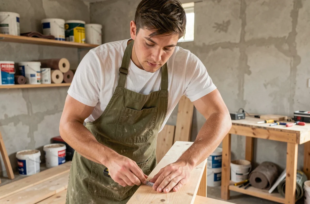 Jeune homme mesurant une planche de bois dans un appartement en cours de rénovation, portant un tablier de bricolage